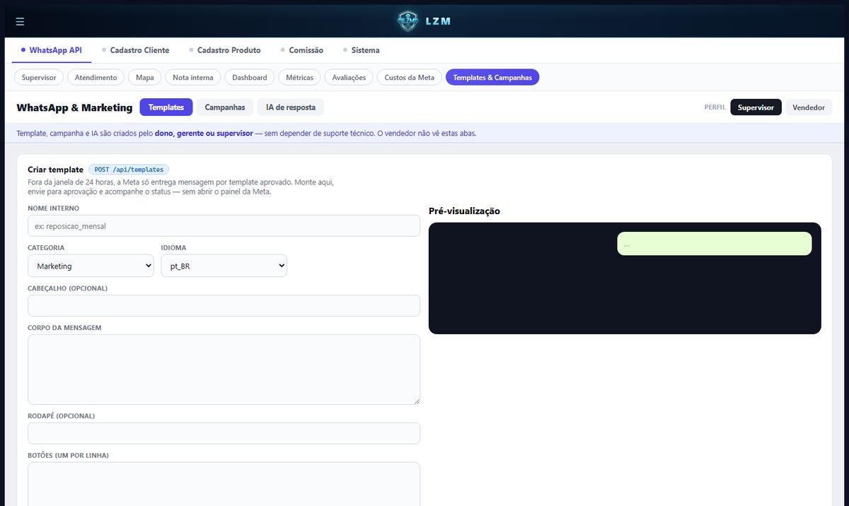 Campanhas e templates enviados para aprovação da Meta